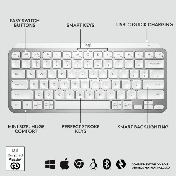 Logitech MX Keys Mini Minimalist Wireless Illuminated Keyboard, Compact, Bluetooth, USB-C, Pale Gray - Image 6