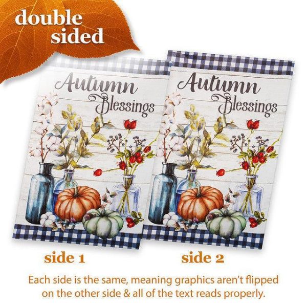 G128 House Flag Autumn Blessings Pumpkins and Flower Vases | 28x40 Inch | Printed Blockout Polyester - Fall Decoration - Image 3