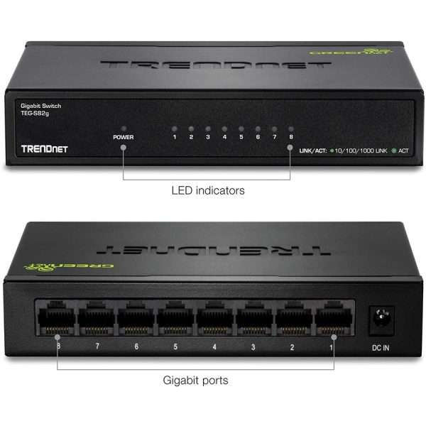TRENDnet 8-Port Gigabit GREENnet Switch, Ethernet Network Switch, TEG-S82G, 8 x 10-100-1000 Mbps Gigabit Ethernet Ports, Ethernet Splitter, 16 Gbps, Metal, Lifetime Protection, Black - Image 3
