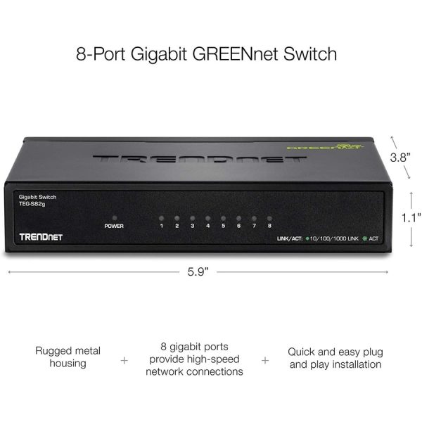 TRENDnet 8-Port Gigabit GREENnet Switch, Ethernet Network Switch, TEG-S82G, 8 x 10-100-1000 Mbps Gigabit Ethernet Ports, Ethernet Splitter, 16 Gbps, Metal, Lifetime Protection, Black - Image 7
