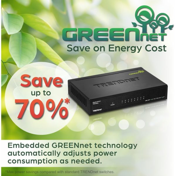 TRENDnet 8-Port Gigabit GREENnet Switch, Ethernet Network Switch, TEG-S82G, 8 x 10-100-1000 Mbps Gigabit Ethernet Ports, Ethernet Splitter, 16 Gbps, Metal, Lifetime Protection, Black - Image 8