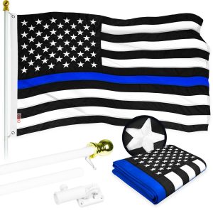 G128 - 6 Feet Tangle Free Spinning Flagpole (White) Thin Blue Flag Brass Grommets Embroidered 3x5 ft (Flag Included) Aluminum Flag Pole