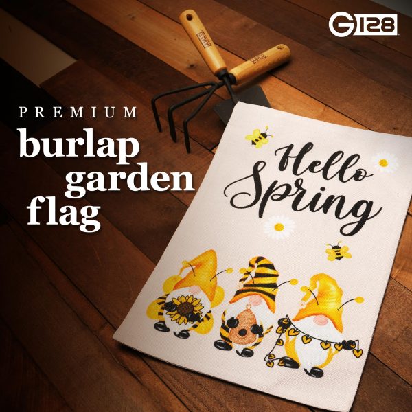G128 Garden Flag Hello Spring Three Bee Gnomes 12"x18" Burlap Fabric - Image 2