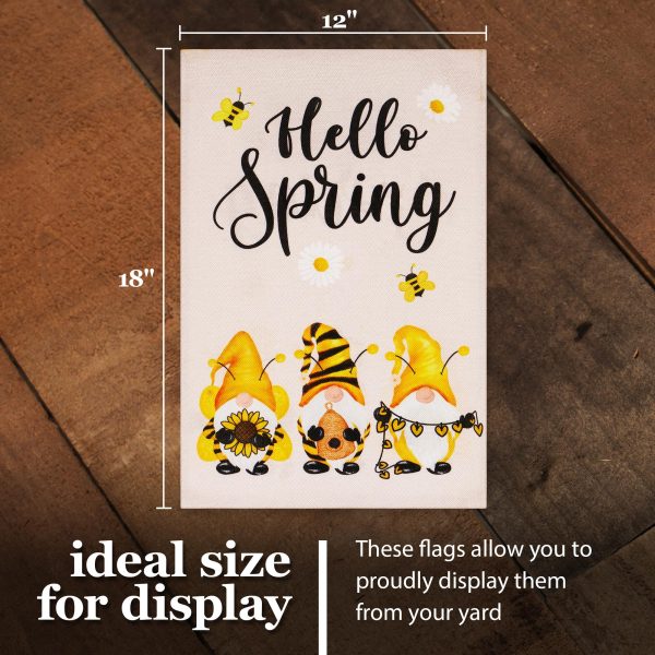 G128 Garden Flag Hello Spring Three Bee Gnomes 12"x18" Burlap Fabric - Image 4