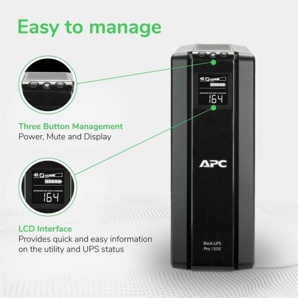 APC Back-UPS Pro, 1500VA/865W, Tower, 120V, 10x NEMA 5-15R outlets, AVR, LCD, User Replaceable Battery - Image 3