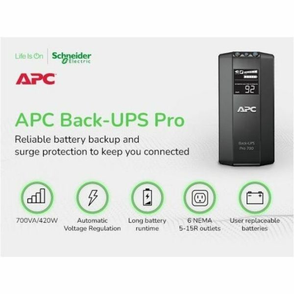 APC Back-UPS Pro, 700VA/420W, Tower, 120V, 6x NEMA 5-15R outlets, AVR, LCD, User Replaceable Battery - Image 2