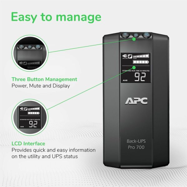 APC Back-UPS Pro, 700VA/420W, Tower, 120V, 6x NEMA 5-15R outlets, AVR, LCD, User Replaceable Battery - Image 7
