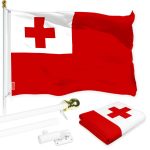 G128 Combo Pack: 6 Ft Tangle Free Aluminum Spinning Flagpole (White) & Tonga Tongan Flag 3x5 Ft, LiteWeave Pro Series Printed 150D Polyester | Pole with Flag Included