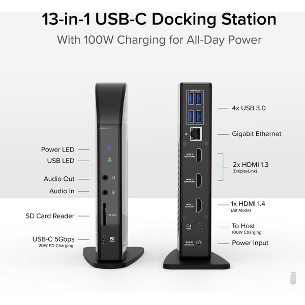 Plugable 13-in-1 USB-C Triple Monitor Docking Station with 100W Charging, Compatible with Windows, Mac, and Chrome with Thunderbolt 3 / 4 or USB-C - Image 2