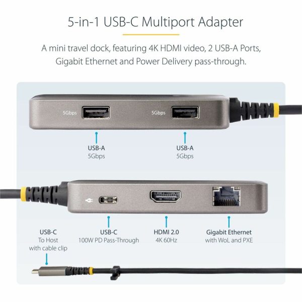 StarTech.com USB-C Multiport Adapter, 4K60Hz HDMI, HDR, 2-Port 5Gbps USB Hub, 100W PD Pass-Through, GbE, Mini Dock, Windows/macOS/ChromeOS - Image 9