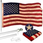 G128 Combo Pack: 5 Ft Tangle Free Aluminum Spinning Flagpole (Silver) & USA Tea-Stained Flag 2x3 Ft, ToughWeave Pro Series Embroidered 420D Polyester | Pole with Flag Included