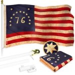 G128 Combo Pack: 5 Ft Tangle Free Aluminum Spinning Flagpole (White) & Bennington 76 Tea-Stained Flag 2x3 Ft, ToughWeave Pro Series Embroidered 420D Polyester | Pole with Flag Included