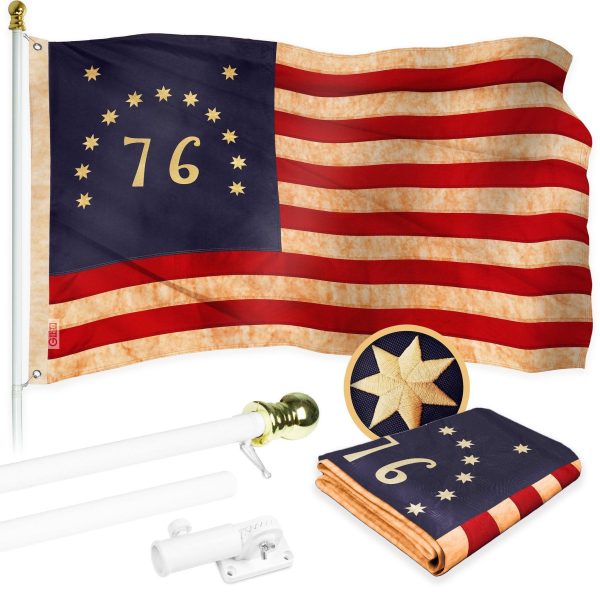 G128 Combo Pack: 5 Ft Tangle Free Aluminum Spinning Flagpole (White) & Bennington 76 Tea-Stained Flag 2x3 Ft, ToughWeave Pro Series Embroidered 420D Polyester | Pole with Flag Included