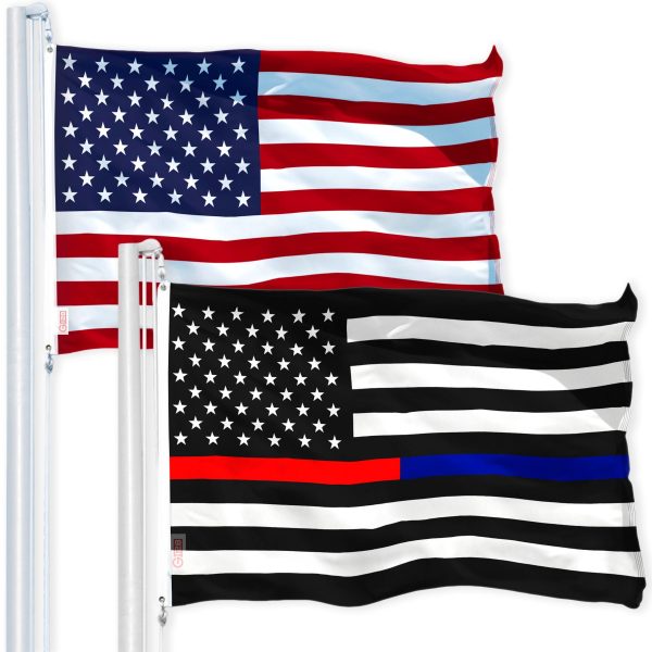 G128 Combo Pack: USA American Flag 3x5 Ft 150D Printed Stars & Thin Blue and Red Line Flag 3x5 Ft 150D Printed