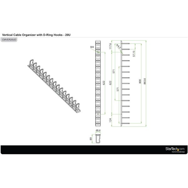 StarTech.com Vertical Cable Organizer with D-Ring Hooks - Vertical Cable Management Panel - 20U - 2.8ft. - Image 9