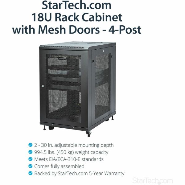 StarTech.com 18U 19" Server Rack Cabinet 4 Post Adjustable Depth 2-30" w/Casters/Cable Management/1U Shelf, Locking Doors and Side Panels - Image 2