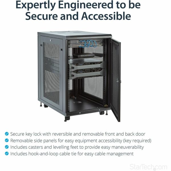 StarTech.com 18U 19" Server Rack Cabinet 4 Post Adjustable Depth 2-30" w/Casters/Cable Management/1U Shelf, Locking Doors and Side Panels - Image 3