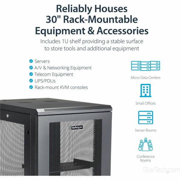 StarTech.com 18U 19" Server Rack Cabinet 4 Post Adjustable Depth 2-30" w/Casters/Cable Management/1U Shelf, Locking Doors and Side Panels - Image 4