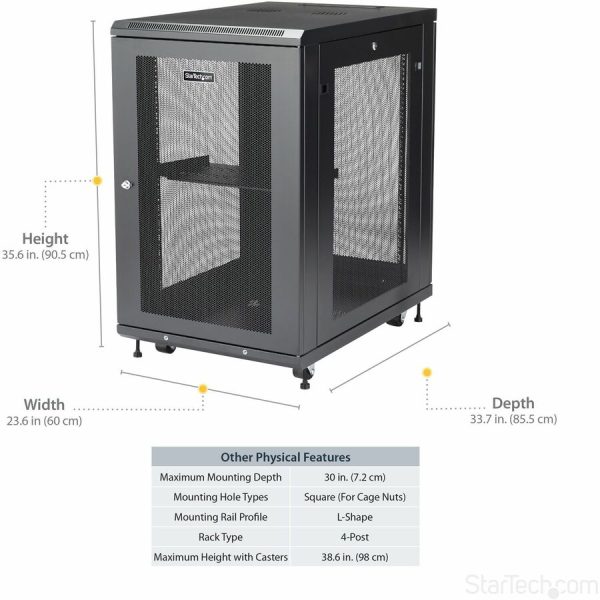 StarTech.com 18U 19" Server Rack Cabinet 4 Post Adjustable Depth 2-30" w/Casters/Cable Management/1U Shelf, Locking Doors and Side Panels - Image 5