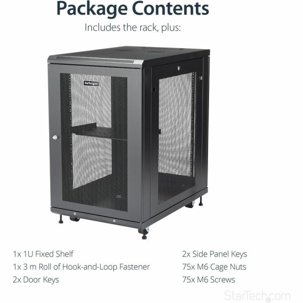 StarTech.com 18U 19" Server Rack Cabinet 4 Post Adjustable Depth 2-30" w/Casters/Cable Management/1U Shelf, Locking Doors and Side Panels - Image 6