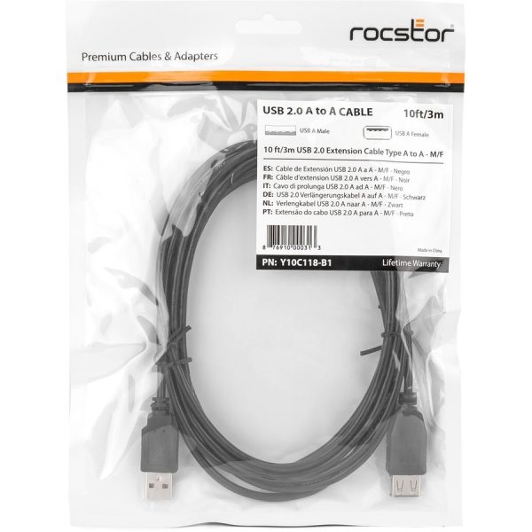 Rocstor Premier USB 2.0 Extension Cable A to A - M/F - 10 ft - USB cable for Digital Camera, Scanner, Printer, Hard Drive, Network Adapter, Flash Drive - Extension Cable - 10 ft - 1 Pack - 1 x Type A Male USB - 1 x Type A Female USB USB 2.0 TYPE A TO TYPE A F/M BLACK - Image 2