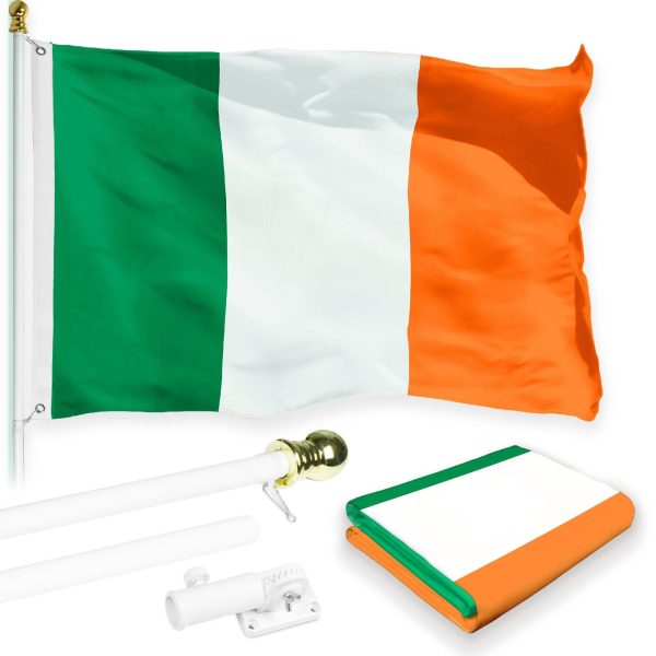 G128 Combo Pack: 6 Feet Tangle Free Spinning Flagpole (White) Ireland Irish Flag 3x5 ft Printed 150D Brass Grommets (Flag Included) Aluminum Flag Pole