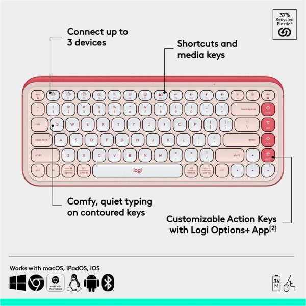 Logitech POP ICON KEYS Wireless Bluetooth Keyboard, Comfortable Typing, Programmable Keys, Easy-Switch Between up to 3 Devices (Rose & Off-white) - Image 7