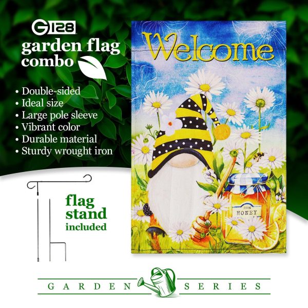 G128 Combo Pack: Garden Flag Stand Black 36 in x 16 in & Garden Flag Spring Decoration Welcome Bee Gnome with Honey 12"x18" Double-Sided Blockout Fabric - Image 7