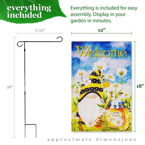 G128 Combo Pack: Garden Flag Stand Black 36 in x 16 in & Garden Flag Spring Decoration Welcome Bee Gnome with Honey 12"x18" Double-Sided Blockout Fabric - Image 9