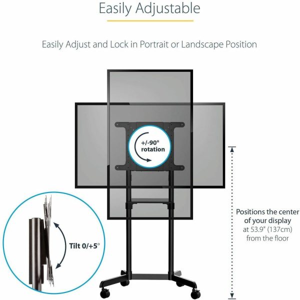 StarTech.com Mobile TV Cart, Portable Rolling TV Stand, 37-70 inch VESA Display Mount (154lb/70kg), Shelf & Storage, Rotate/Tilt Display - Image 3