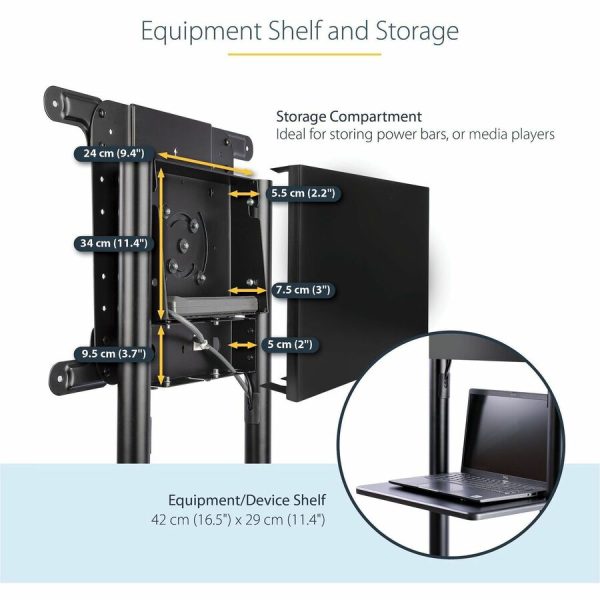 StarTech.com Mobile TV Cart, Portable Rolling TV Stand, 37-70 inch VESA Display Mount (154lb/70kg), Shelf & Storage, Rotate/Tilt Display - Image 4