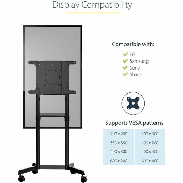 StarTech.com Mobile TV Cart, Portable Rolling TV Stand, 37-70 inch VESA Display Mount (154lb/70kg), Shelf & Storage, Rotate/Tilt Display - Image 5