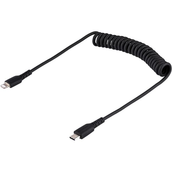 StarTech.com 50cm / 20in USB C to Lightning Cable, MFi Certified, Coiled iPhone Charger Cable, Black, TPE Jacket Aramid Fiber - Image 2