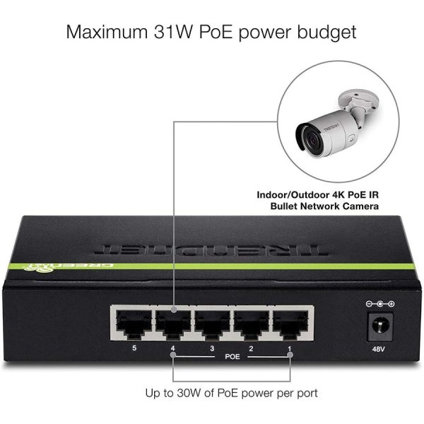 TRENDnet 5-Port Gigabit PoE+ Switch, 31 W PoE Budget, 10 Gbps Switching Capacity, Data & Power Through Ethernet To PoE Access Points And IP Cameras, Full & Half Duplex, Black, TPE-TG50g - Image 5