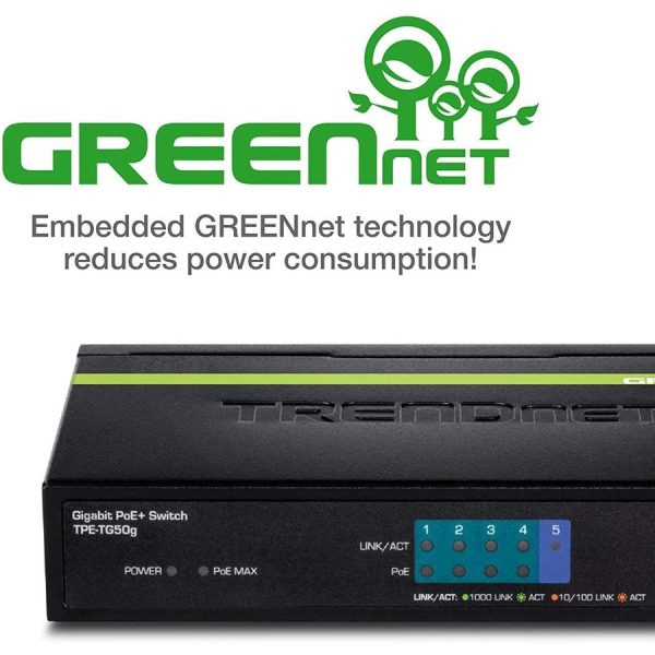 TRENDnet 5-Port Gigabit PoE+ Switch, 31 W PoE Budget, 10 Gbps Switching Capacity, Data & Power Through Ethernet To PoE Access Points And IP Cameras, Full & Half Duplex, Black, TPE-TG50g - Image 6