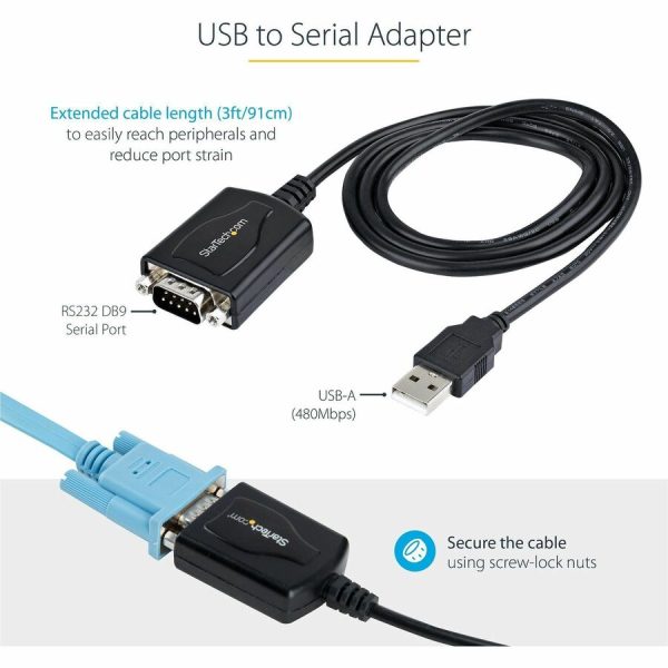 StarTech.com 3ft (1m) USB to Serial Cable with COM Port Retention, DB9 Male RS232 to USB Converter, USB to Serial Adapter, Prolific IC - Image 2