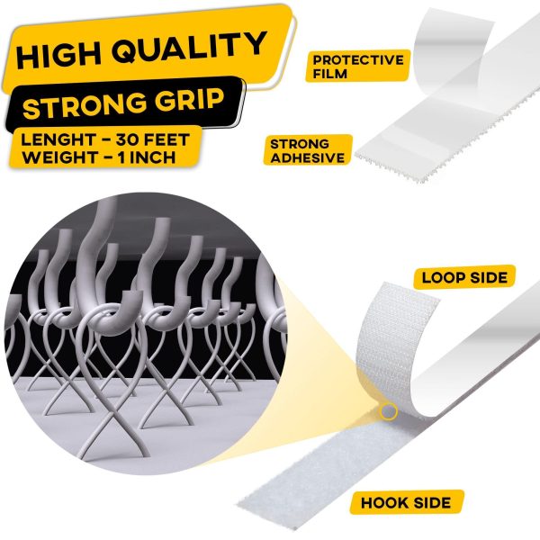 Hook and Loop Tape Roll with Heavy Duty Adhesive Industrial Strength Easy to Cut Strong Hook and Loop Strips with Sticky Back White 1 Inch * 30 Feet - Image 3
