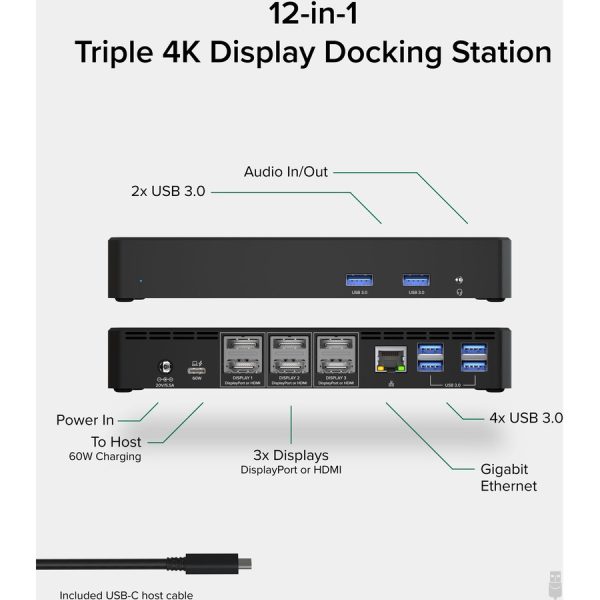Plugable 12-in-1 USB C Triple Monitor Docking Station, Triple 4K Displays with 3X HDMI or 3X DisplayPort - Image 2