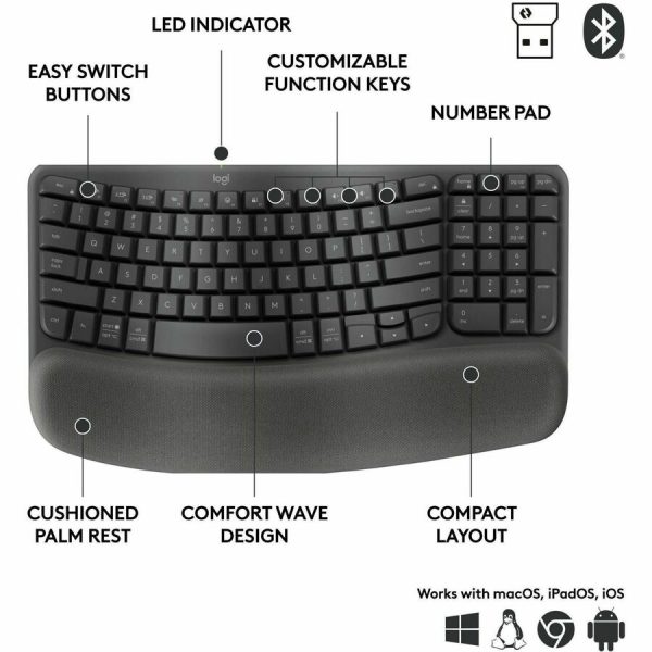Logitech Wave Keys for Business, Wireless Ergonomic Keyboard with Cushioned Palm Rest, Logi Bolt, Graphite - Image 3