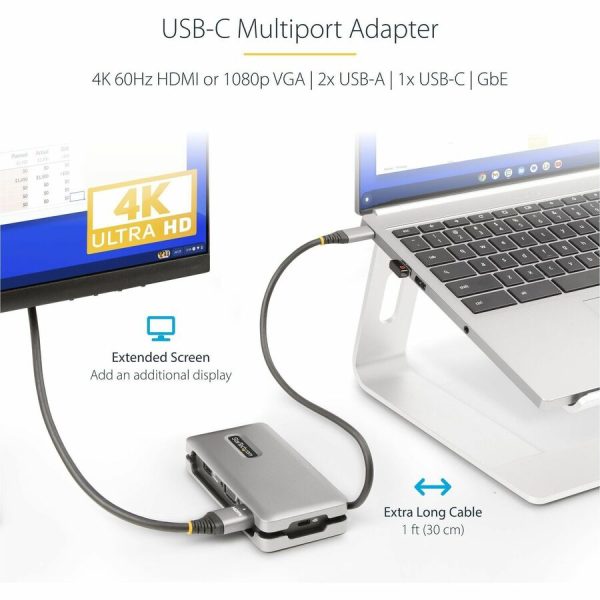 StarTech.com USB-C Multiport Adapter, HDMI/VGA, 4K 60Hz, 3-Port USB Hub, 100W PD Pass-Through, GbE, Mini Docking Station, 1ft/30cm Cable - Image 2