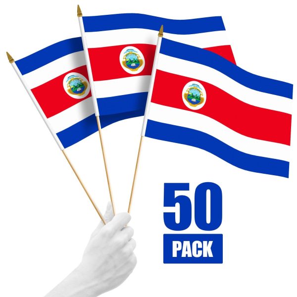 G128 50 Pack Handheld Costa Rica Costa Rican Stick Flags | 12x18 In | Printed 150D Polyester, Country Flag, Solid Wooden Stick, Spear Gold Tip