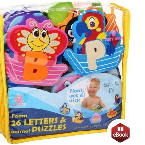 Non Toxic Foam Bath Toys for Boys Girls Wet & Stick Bathtub Alphabet with Toy Organizer Educational Floating Toys Early Learning Puzzles Fun Letters Animals Colors Set of 52 Pcs with eBook