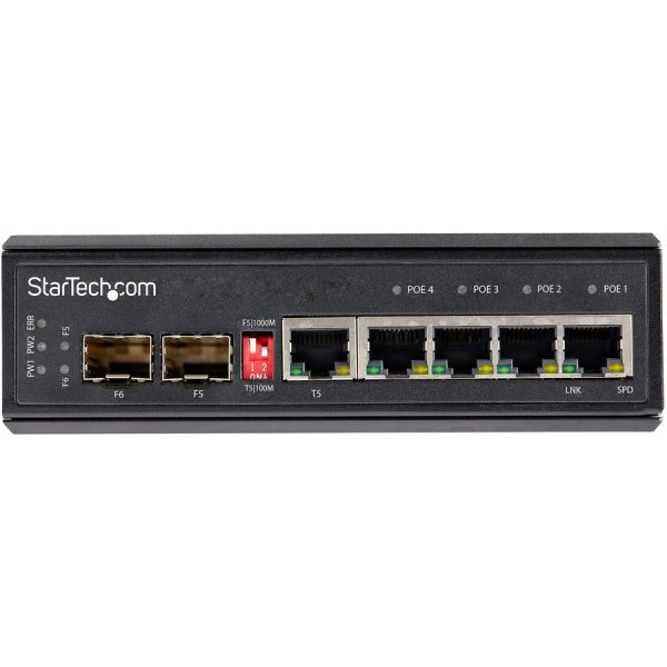 StarTech.com Industrial 6 Port Gigabit Ethernet Switch w/4 PoE RJ45 +2 SFP Slots 30W 802.3at PoE+ 12-48VDC 10/100/1000 Mbps -40C to 75C - Image 3