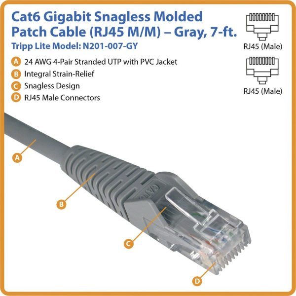 Eaton Tripp Lite Series Cat6 Gigabit Snagless Molded (UTP) Ethernet Cable (RJ45 M/M), PoE, Gray, 7 ft. (2.13 m) - Image 2