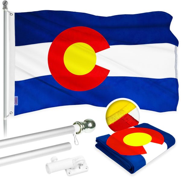 G128 Combo Pack: 5 Ft Tangle Free Aluminum Spinning Flagpole (Silver) & Colorado CO State Flag 2.5x4 Ft, ToughWeave Series Embroidered 300D Polyester | Pole with Flag Included