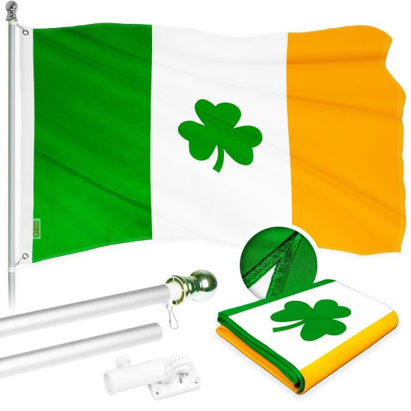 G128 Combo Pack: 5 Ft Tangle Free Aluminum Spinning Flagpole (Silver) & Ireland Irish Shamrock Flag 2.5x4 Ft, ToughWeave Series Embroidered 300D Polyester | Pole with Flag Included