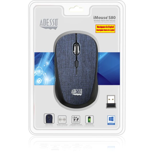 Adesso iMouse S80L - Wireless Fabric Optical Mini Mouse (Blue) - Image 2