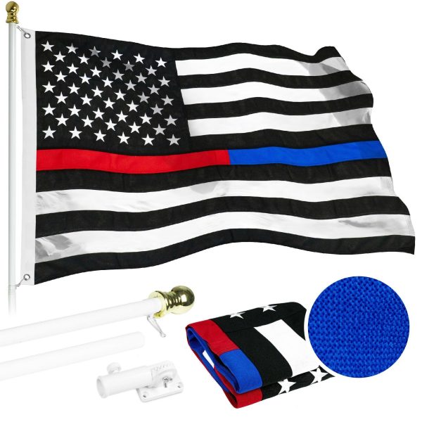 G128 - 6 Feet Tangle Free Spinning Flagpole (White) Thin Blue&Red Line Flag Brass Grommets Spun Polyester 3x5 ft (Flag Included) Aluminum Flag Pole