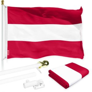 G128 Combo Pack: 6 Ft Tangle Free Spinning Flagpole (White) & Austria Flag 3x5 Ft Printed 150D Polyester, Brass Grommets (Flag Included) Aluminum Flag Pole