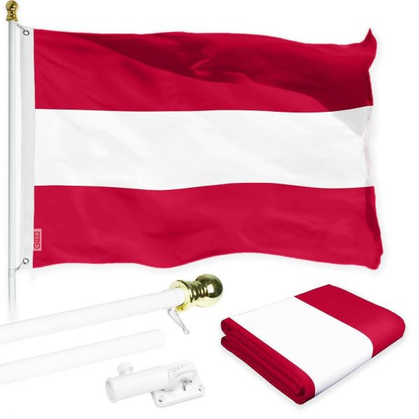 G128 Combo Pack: 6 Ft Tangle Free Spinning Flagpole (White) & Austria Flag 3x5 Ft Printed 150D Polyester, Brass Grommets (Flag Included) Aluminum Flag Pole